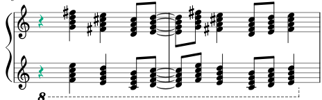 Samba-Jazz_Woman_riff-as-7th-chords_two-treble-staves_8vb_15th-chords.png