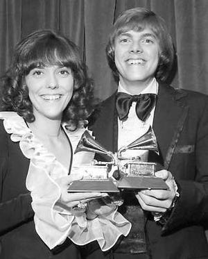 Karen and Richard Carpenter pose with their Grammys during the 14th annual 1971 Grammy Awards. AP photo